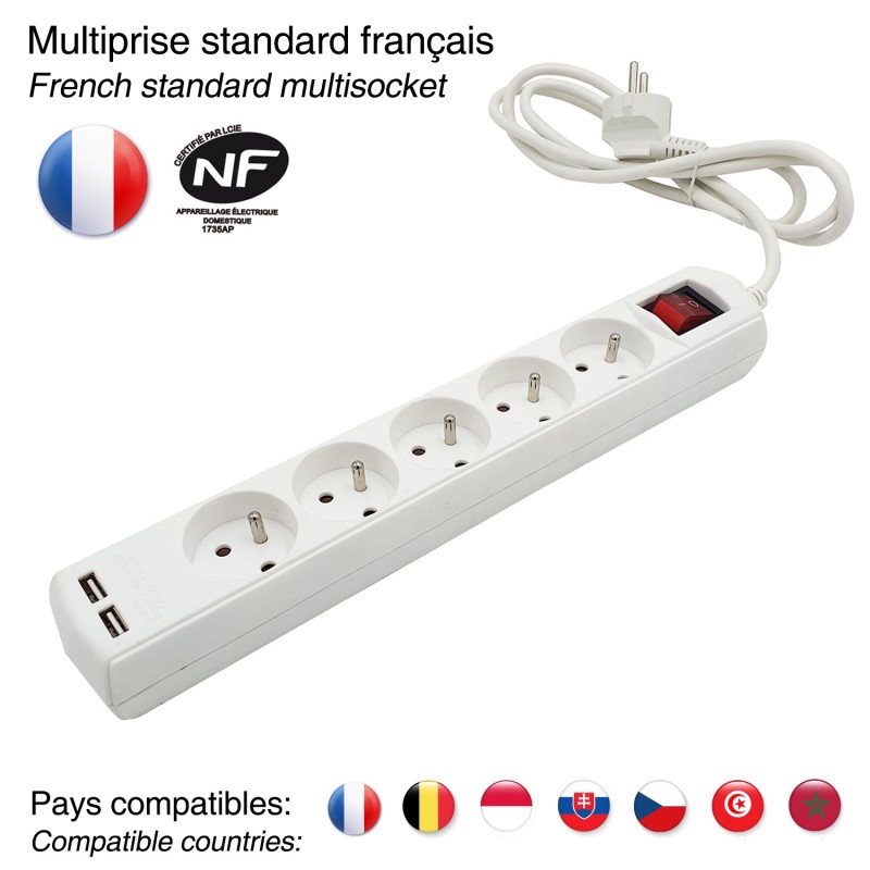 Multiprise 5 sorties + 2 USB câble 1,5m - VELAMP - MULTIP-FR-USB5