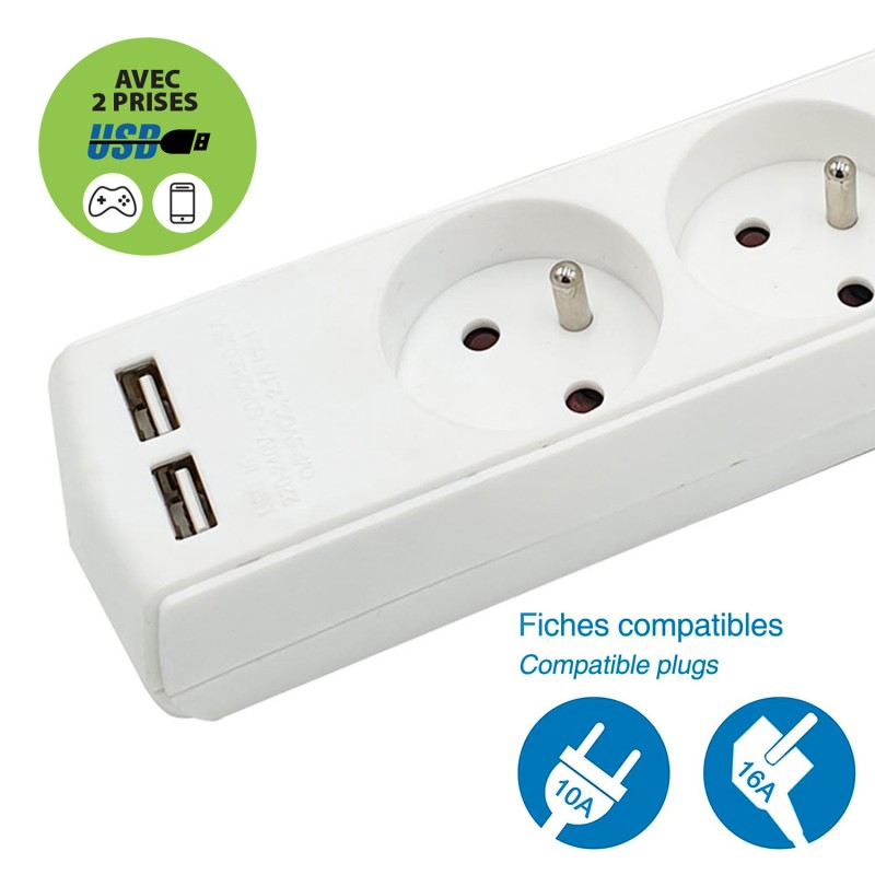 Multiprise 5 sorties + 2 USB câble 1,5m - VELAMP - MULTIP-FR-USB5