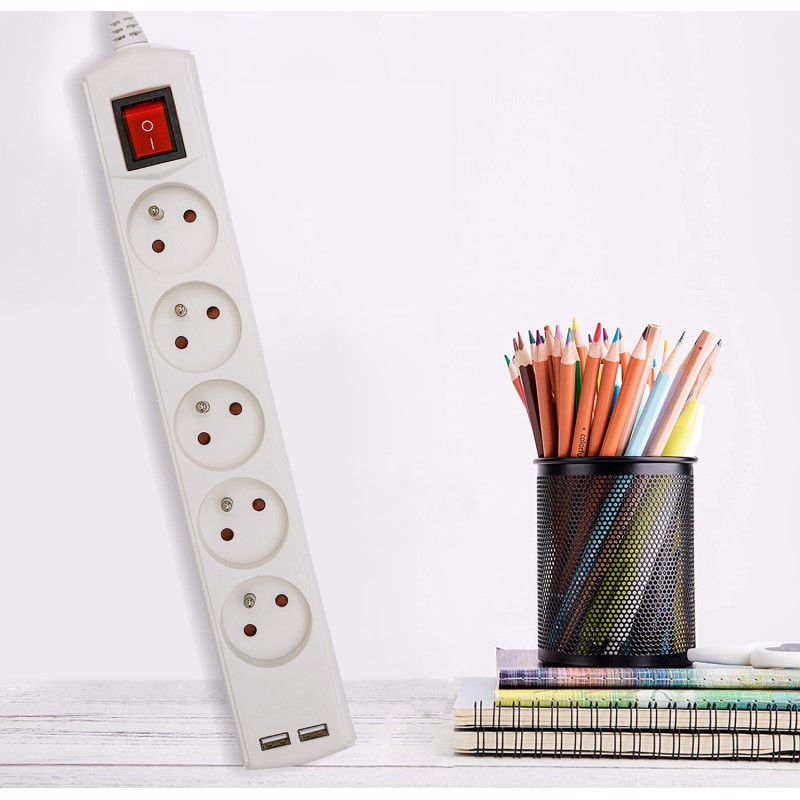 Multiprise 5 sorties + 2 USB câble 1,5m - VELAMP - MULTIP-FR-USB5