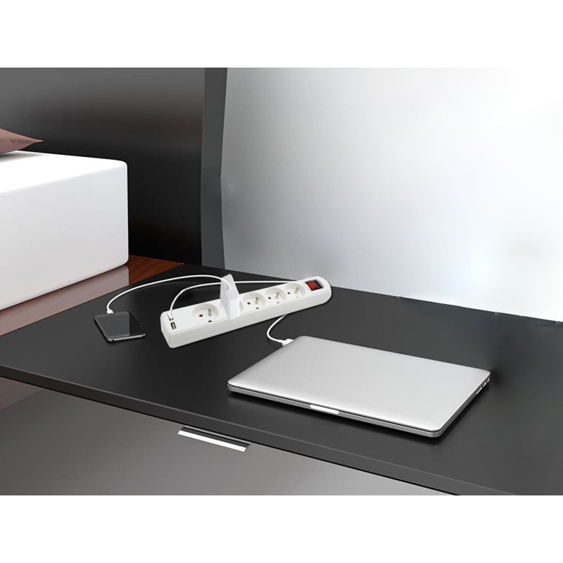 Multiprise 5 sorties + 2 USB câble 1,5m - VELAMP - MULTIP-FR-USB5