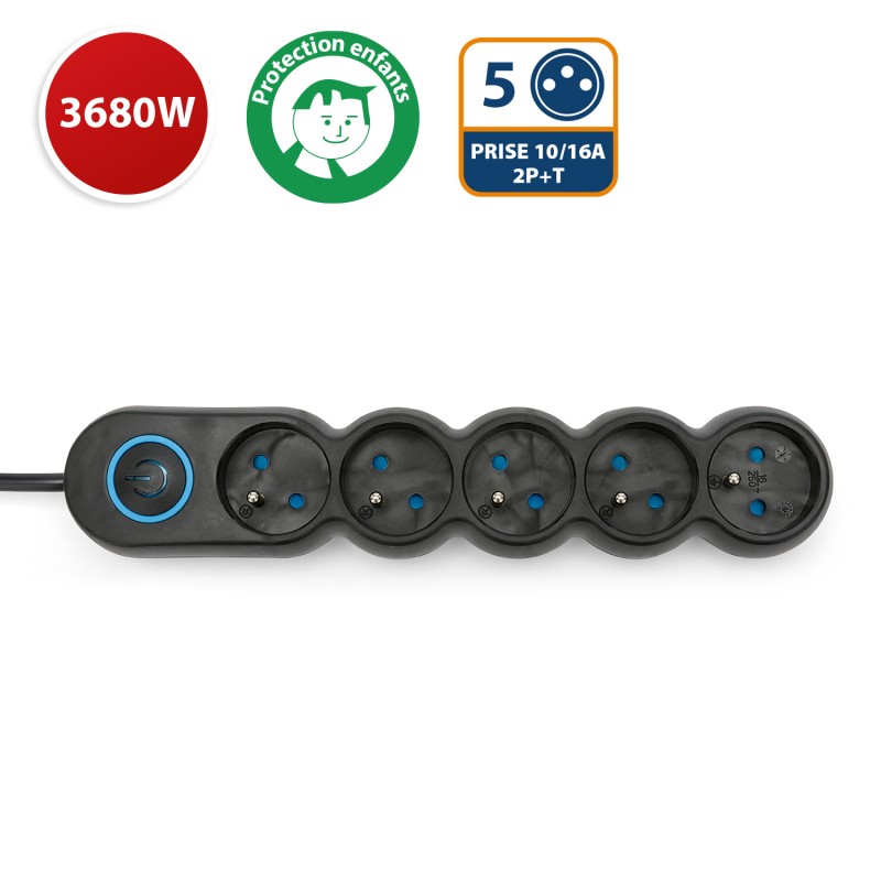 Multiprise noire 5x16A avec interrupteur - câble 1,5m H05VV-F3G1.0MM2 CE & NF - VELAMP - MULTIP-FR-I-5K