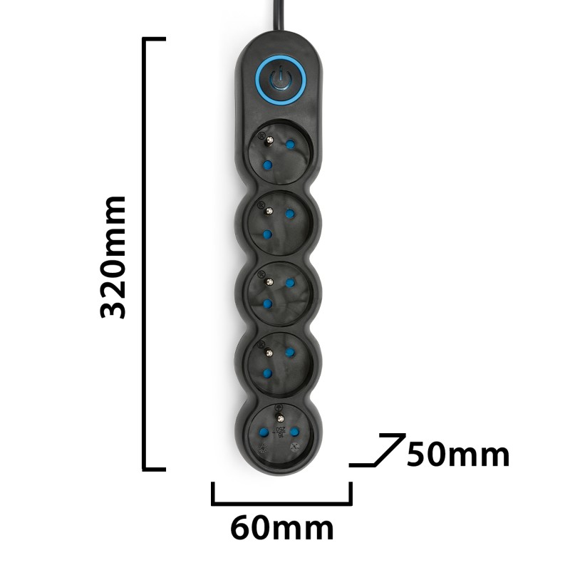 Multiprise noire 5x16A avec interrupteur - câble 1,5m H05VV-F3G1.0MM2 CE & NF - VELAMP - MULTIP-FR-I-5K