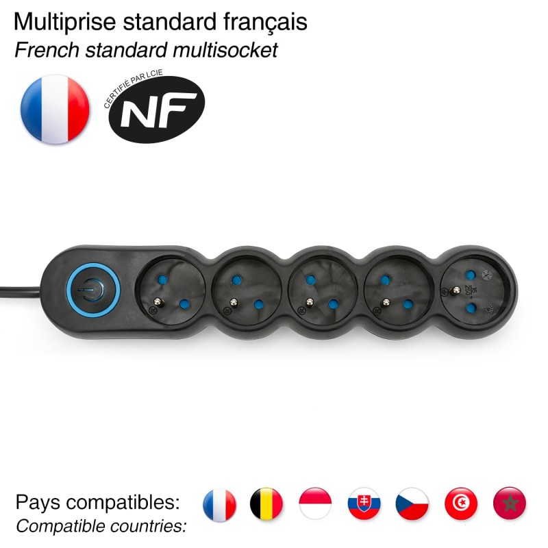 Multiprise noire 5x16A avec interrupteur - câble 1,5m H05VV-F3G1.0MM2 CE & NF - VELAMP - MULTIP-FR-I-5K
