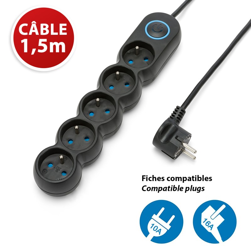 Multiprise noire 5x16A avec interrupteur - câble 1,5m H05VV-F3G1.0MM2 CE & NF - VELAMP - MULTIP-FR-I-5K