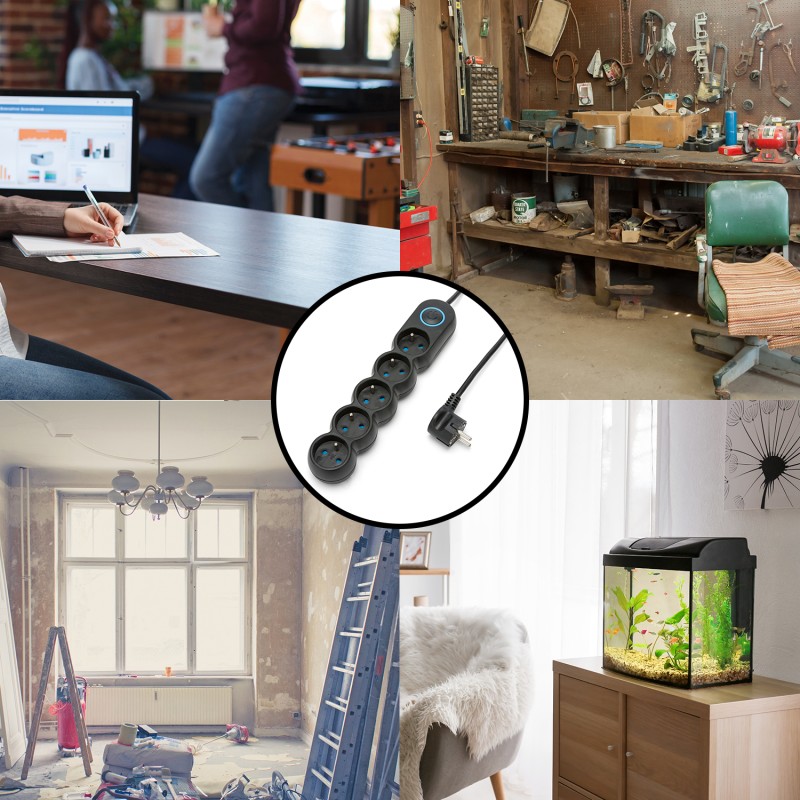 Multiprise noire 5x16A avec interrupteur - câble 1,5m H05VV-F3G1.0MM2 CE & NF - VELAMP - MULTIP-FR-I-5K