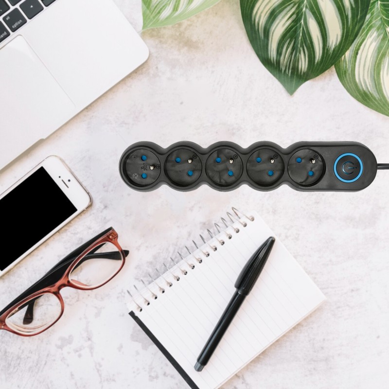 Multiprise noire 5x16A avec interrupteur - câble 1,5m H05VV-F3G1.0MM2 CE & NF - VELAMP - MULTIP-FR-I-5K