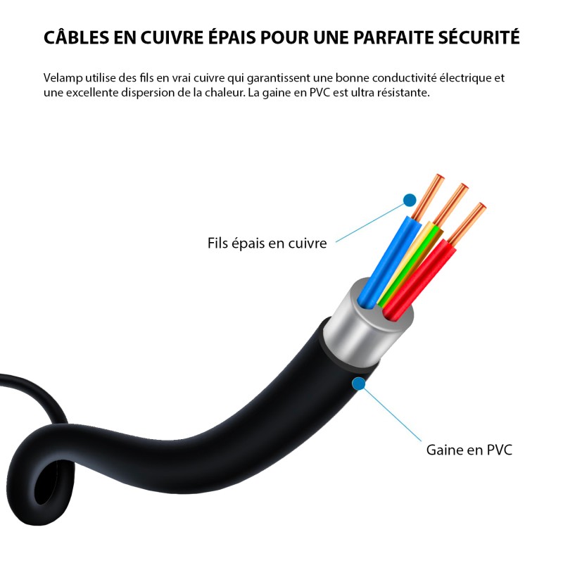 Multiprise noire 5x16A avec interrupteur - câble 1,5m H05VV-F3G1.0MM2 CE & NF - VELAMP - MULTIP-FR-I-5K