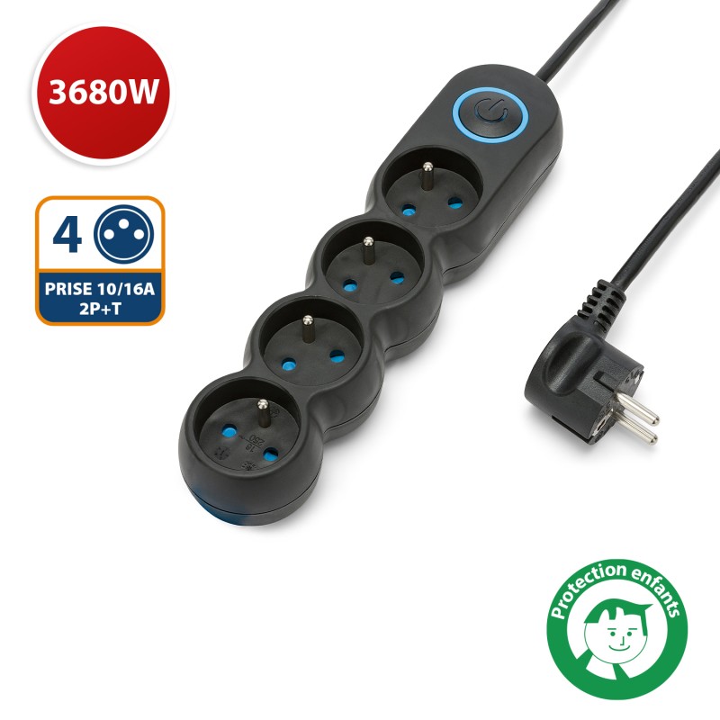 Multiprise française 4x16A avec interrupteur - câble 1,5m H05VV-F3G1.0MM2 CE & NF - VELAMP - MULTIP-FR-I-4K