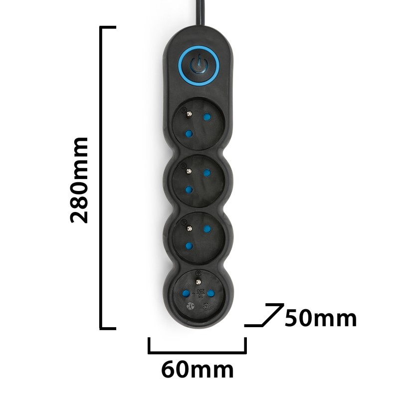 Multiprise française 4x16A avec interrupteur - câble 1,5m H05VV-F3G1.0MM2 CE & NF - VELAMP - MULTIP-FR-I-4K