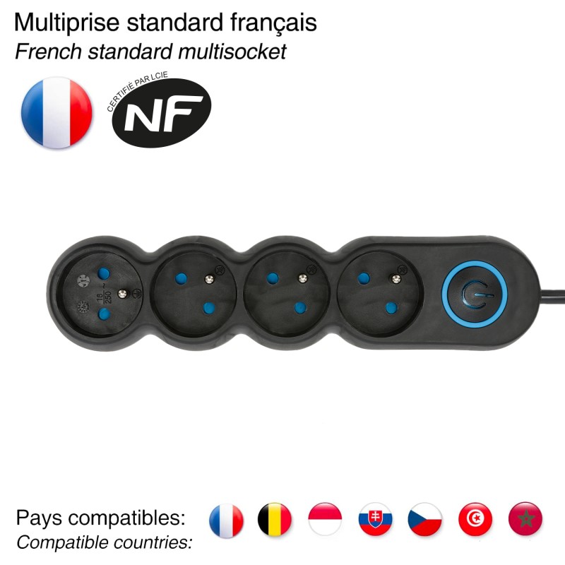 Multiprise française 4x16A avec interrupteur - câble 1,5m H05VV-F3G1.0MM2 CE & NF - VELAMP - MULTIP-FR-I-4K