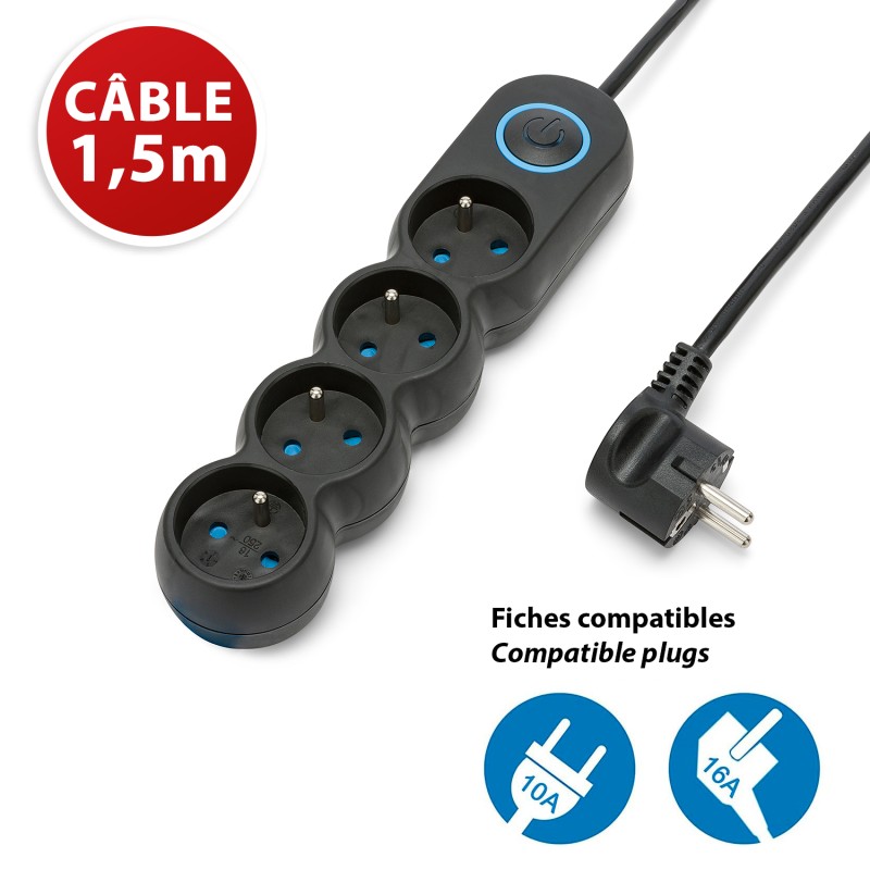 Multiprise française 4x16A avec interrupteur - câble 1,5m H05VV-F3G1.0MM2 CE & NF - VELAMP - MULTIP-FR-I-4K