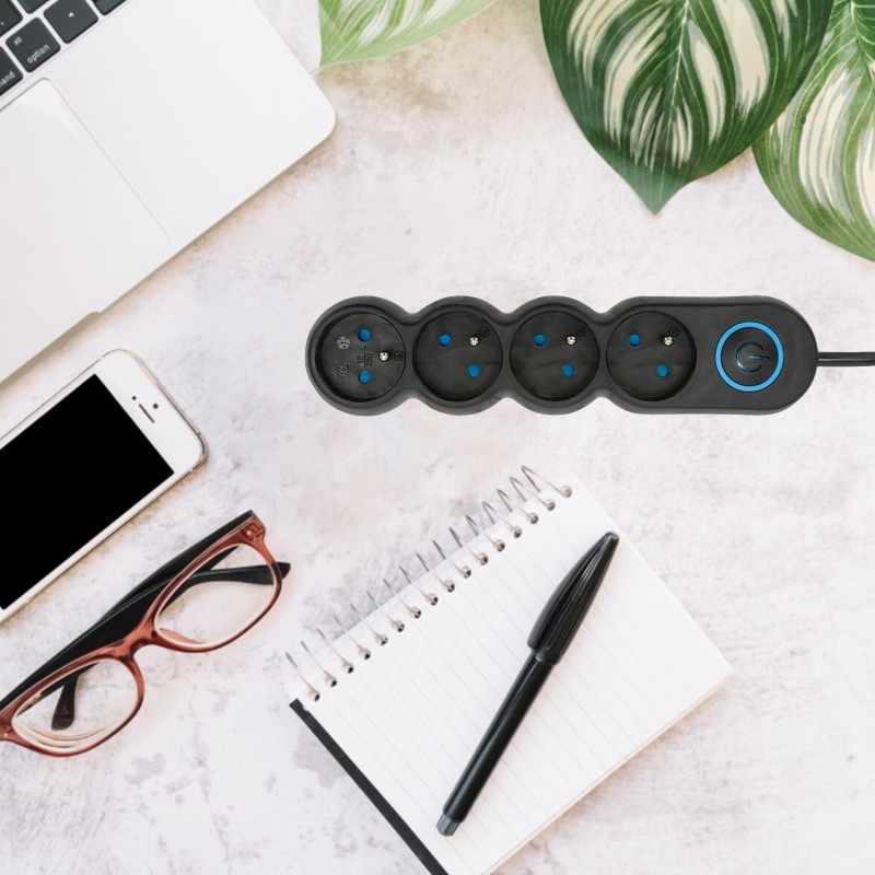 Multiprise française 4x16A avec interrupteur - câble 1,5m H05VV-F3G1.0MM2 CE & NF - VELAMP - MULTIP-FR-I-4K