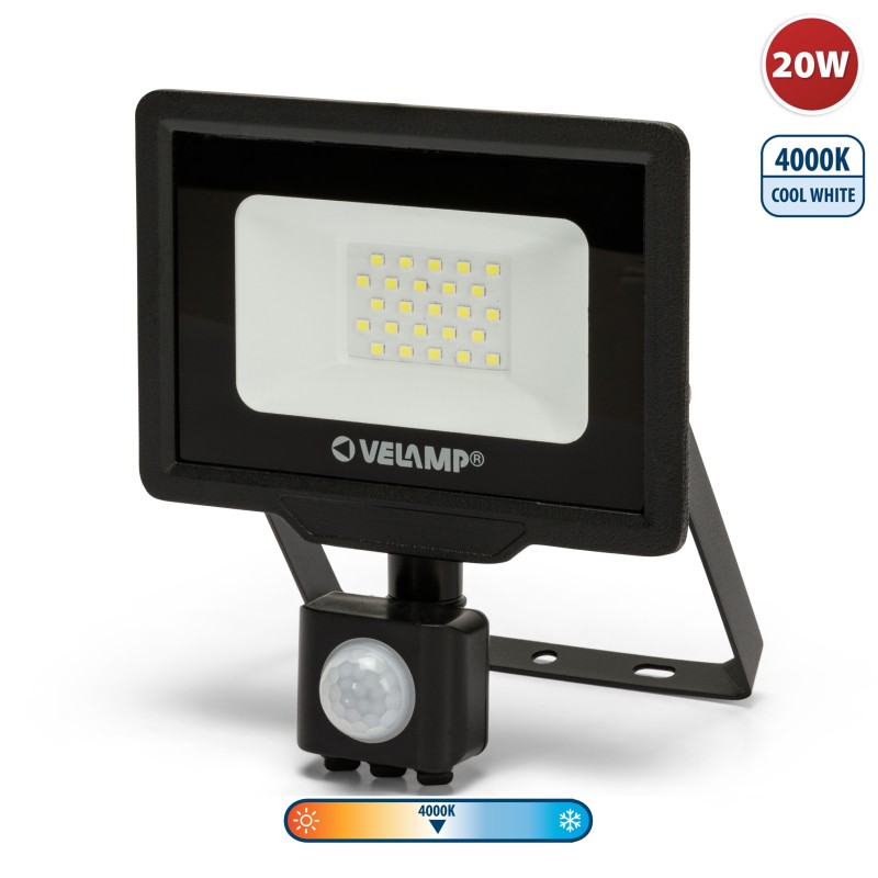 Projecteur LED SMD 20W IP44 noir 4000K avec détecteur de mouvements PADLIGHT5 - VELAMP - IS748-5-4000K