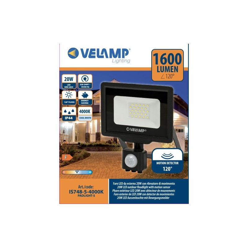 Projecteur LED SMD 20W IP44 noir 4000K avec détecteur de mouvements PADLIGHT5 - VELAMP - IS748-5-4000K