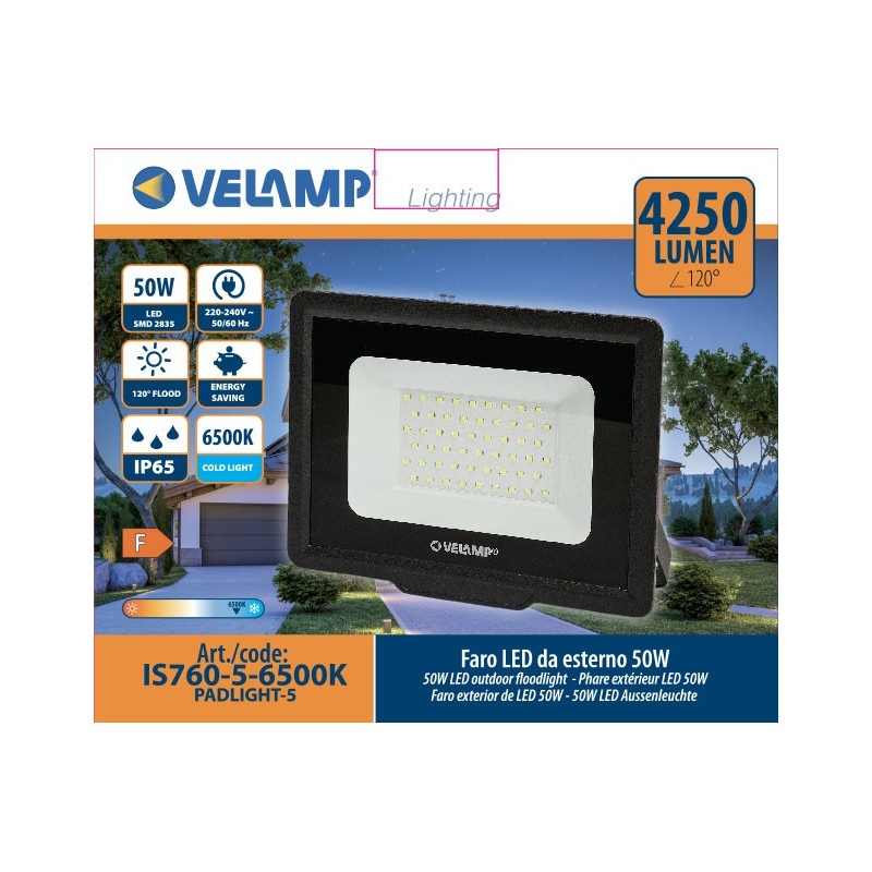Projecteur LED SMD 50W IP65 noir 6500K PADLIGHT5 - VELAMP - IS760-5-6500K