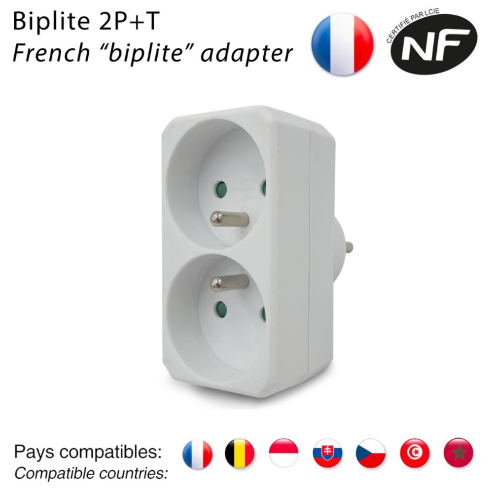 Biplite 2 prises électriques 2 P+T 2 sorties Frontales 16A - VELAMP - ADAT-FR-1