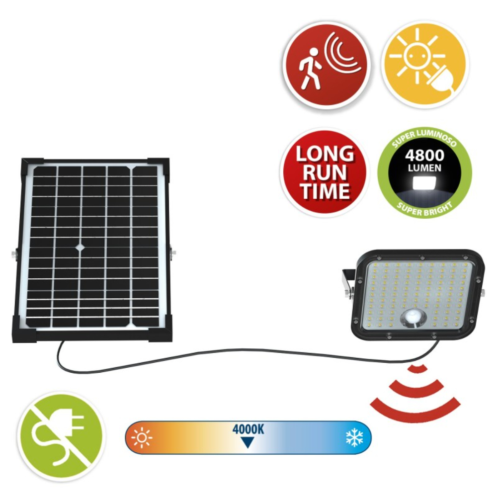 Projecteur LED solaire de 4800 lumens avec détecteur de présence - Panneau solaire déporté - VELAMP - SL366