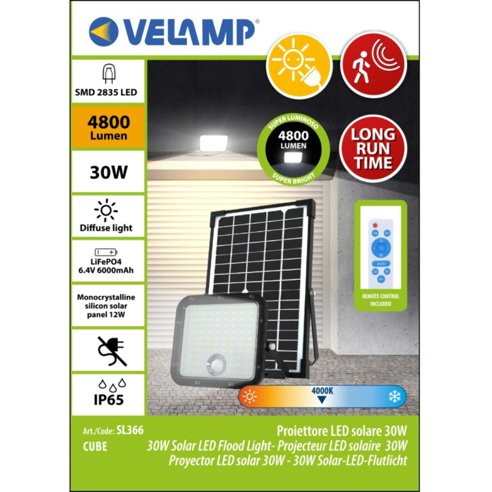 Projecteur LED solaire de 4800 lumens avec détecteur de présence - Panneau solaire déporté - VELAMP - SL366