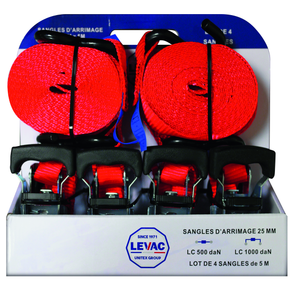 PACK 4 SANGLES ARRIMAGE 500 Kg 5M LARGEUR 25MM CROCHET 