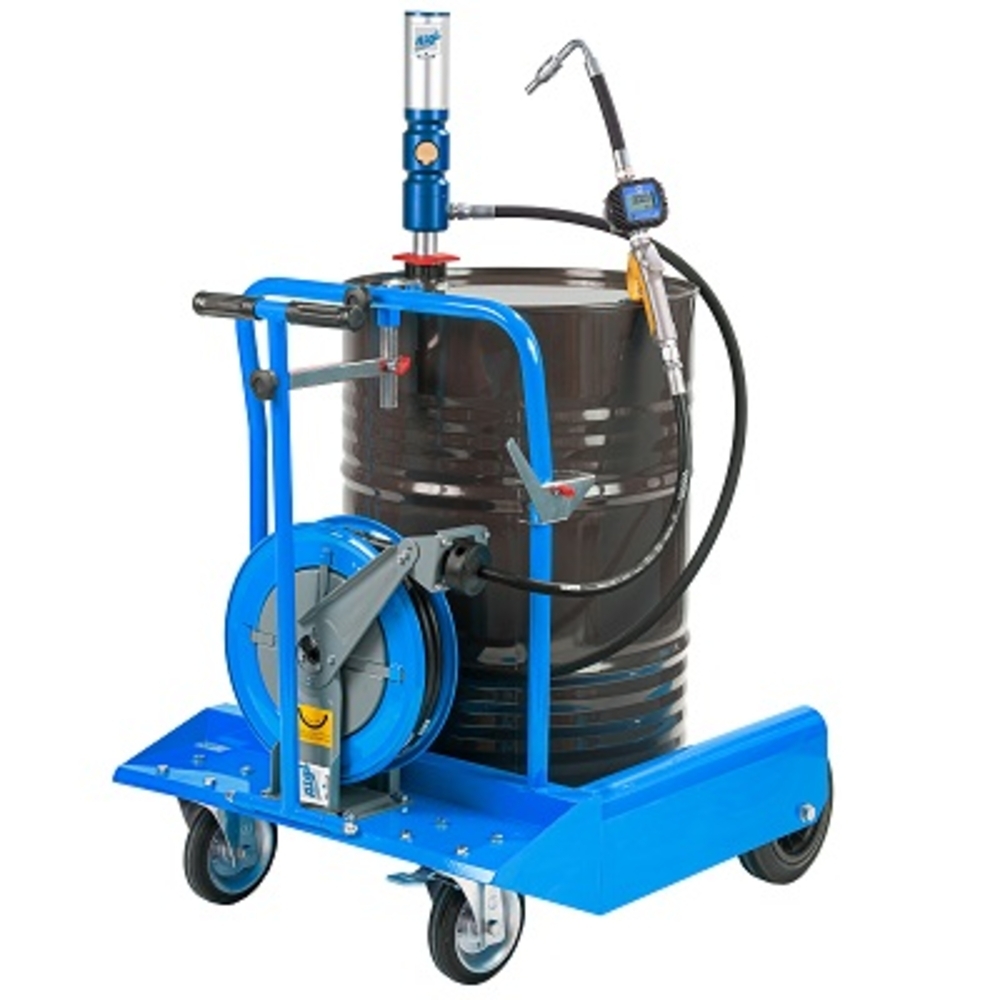 Ensemble pneumatique huile 3/1 mobile pour fût 200 l avec enrouleur et chariot 4 roues - ALGI EQUIPEMENT - 07750651