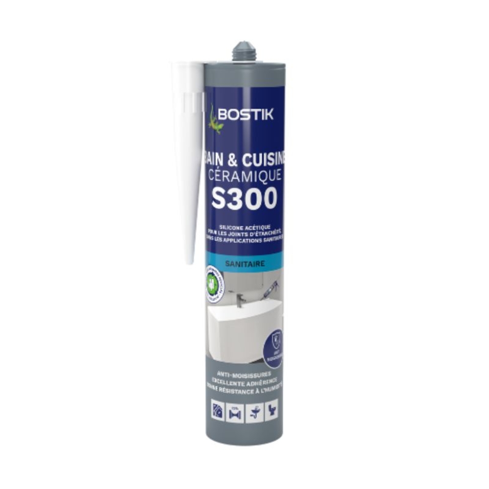 Mastic silicone S300 Bain et Cuisine céramique Blanc 300 ml - Lot de 12 - BOSTIK - 30622680