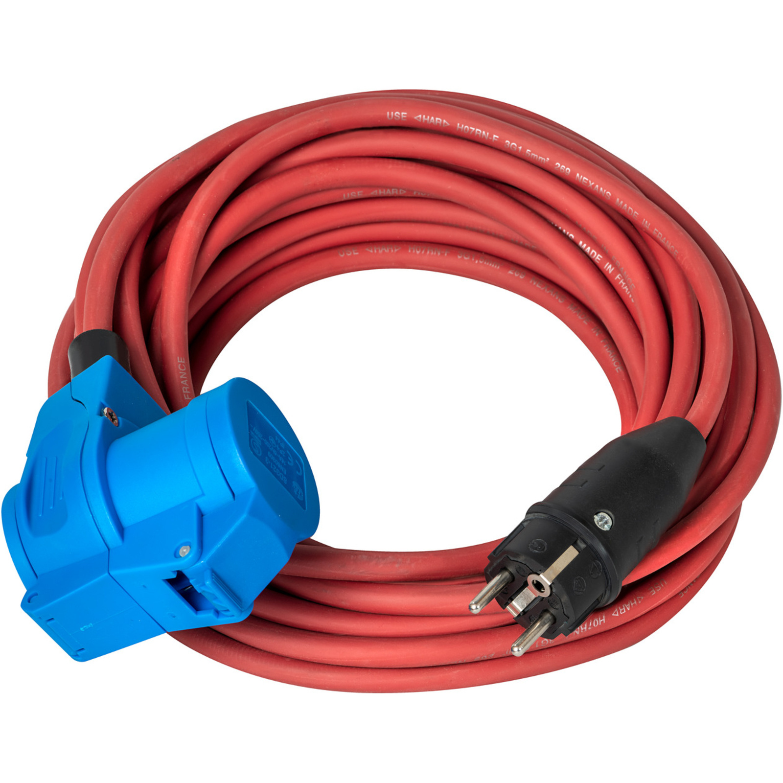 Rallonge électrique IP44 15m H07RN-F 3G1,5 rouge double prise CEE P17 2P+T 16A – fiche française BRENNENSTUHL - 1133001