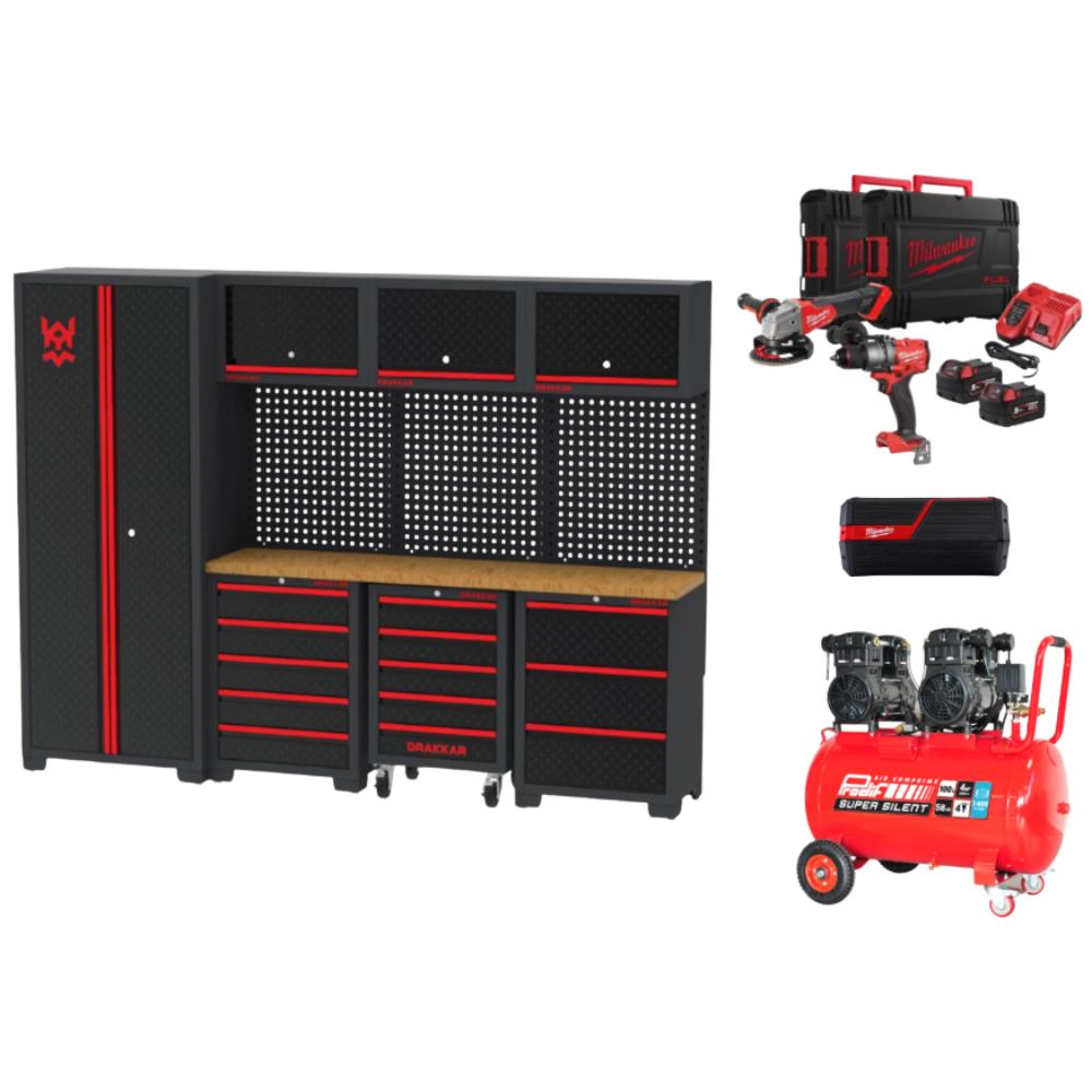 PACK GARAGE MOBILIER ATELIER + COMPRESSEUR + PACK 2 MACHINES MILWAUKEE + ENCEINTE