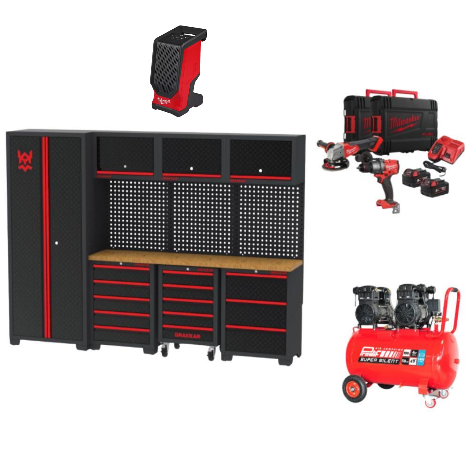 PACK GARAGE MOBILIER ATELIER + COMPRESSEUR + PACK 2 MACHINES MILWAUKEE + ENCEINTE