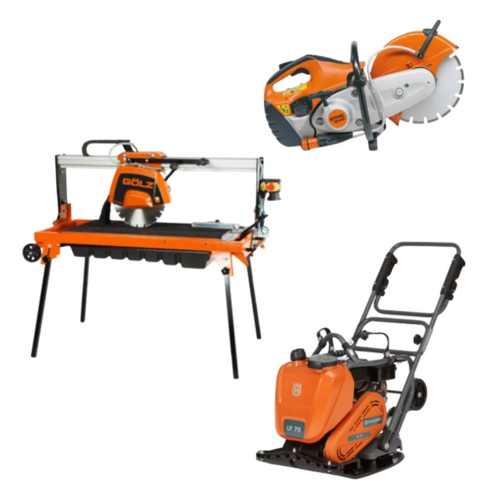 Pack paysagiste scie sur table GS350 GOLZ + découpeuse STIHL TS410 + Plaque vibrante LF 75 LAT HUSQVARNA
