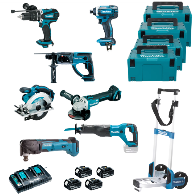Pack 7 machines MAKITA 18V batteries 5 Ah + chariot transport DLX5039PTJ+DJR186Z+DTM51Z