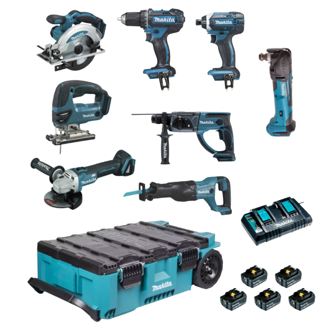 Pack 8 machines MAKITA MAKTRAK 18V 5 batteries 5Ah DLX7013PT1 + DTM51Z + P91001