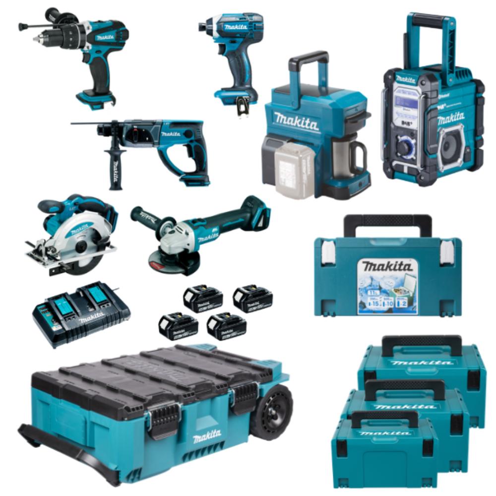Pack MAKITA MAKTRAK 5 machines 18 V batteries 5 Ah + radio + machine à café + glacière
