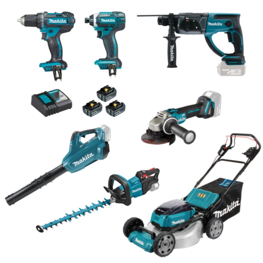 Pack MAKITA 7 machines chantier et jardin 18V batteries 5Ah 