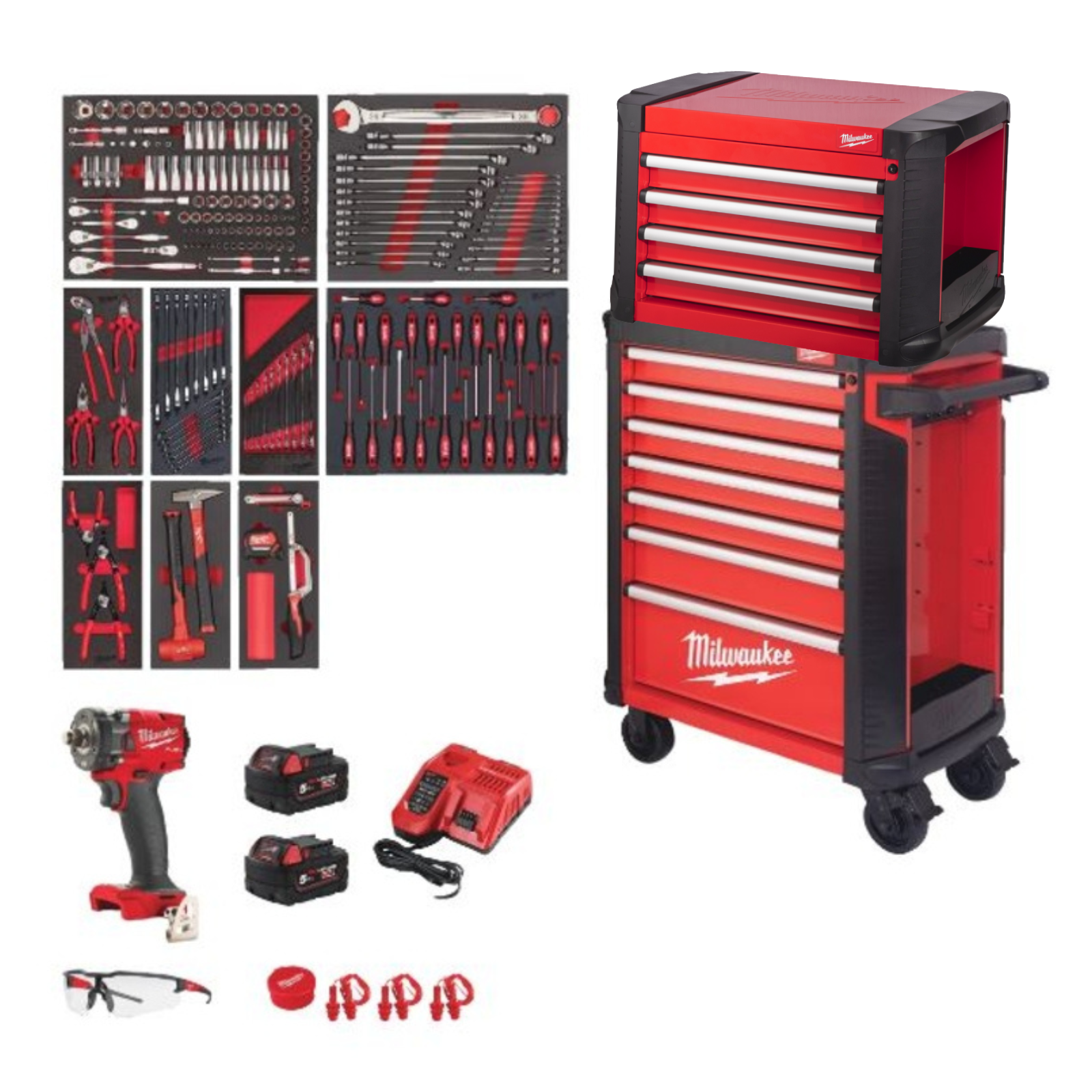 SERVANTE MAXI RANGEMENT MILWAUKEE AVEC OUTILS 11 TIROIRS + BOULONNEUSE 