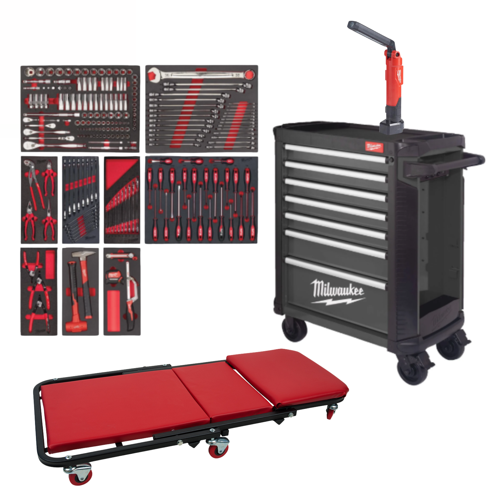 Servante d'atelier MILWAUKEE 7 tiroirs 206 outils + chariot + lampe d'inspection