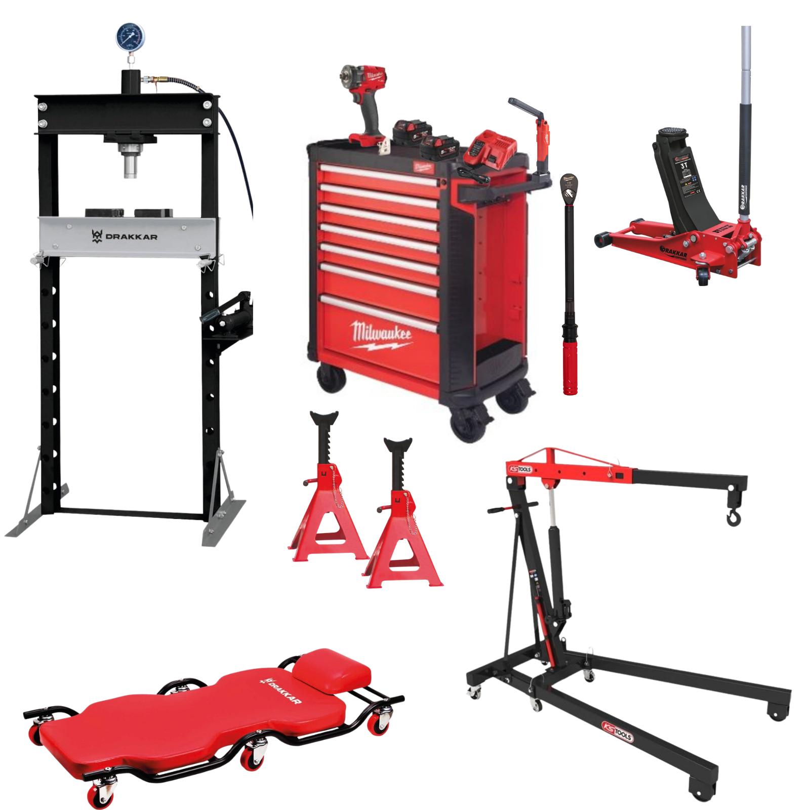 Pack Atelier Mécanique Complet servante + presse + grue + chariot + cric + chandelle 