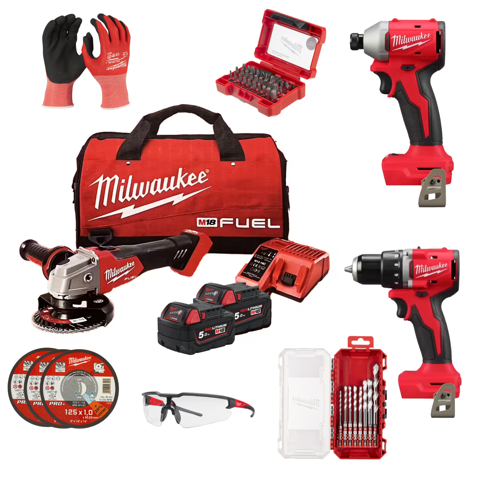 STARTER PACK MILWAUKEE 3 MACHINES M18 FSAG125X-501B + BLIDR-0X + BLDDRC-0X 