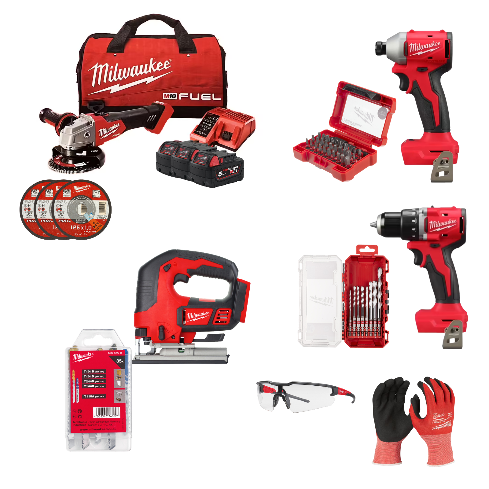 PACK MILWAUKEE 4 MACHINES M18 FSAG125X-501B + BLIDR-0X + BLDDRC-0X + BJS-0