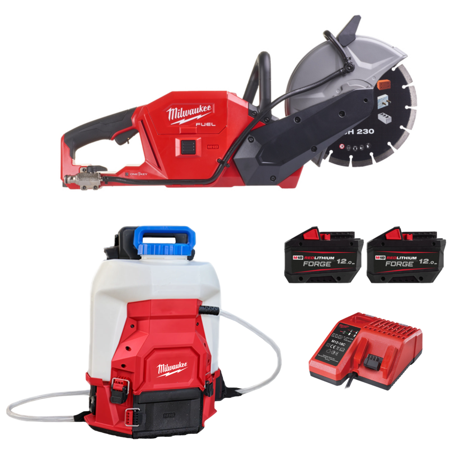 Découpeuse MILWAUKEE FUEL Ø230 mm avec 2 batteries FORGE et pulvérisateur