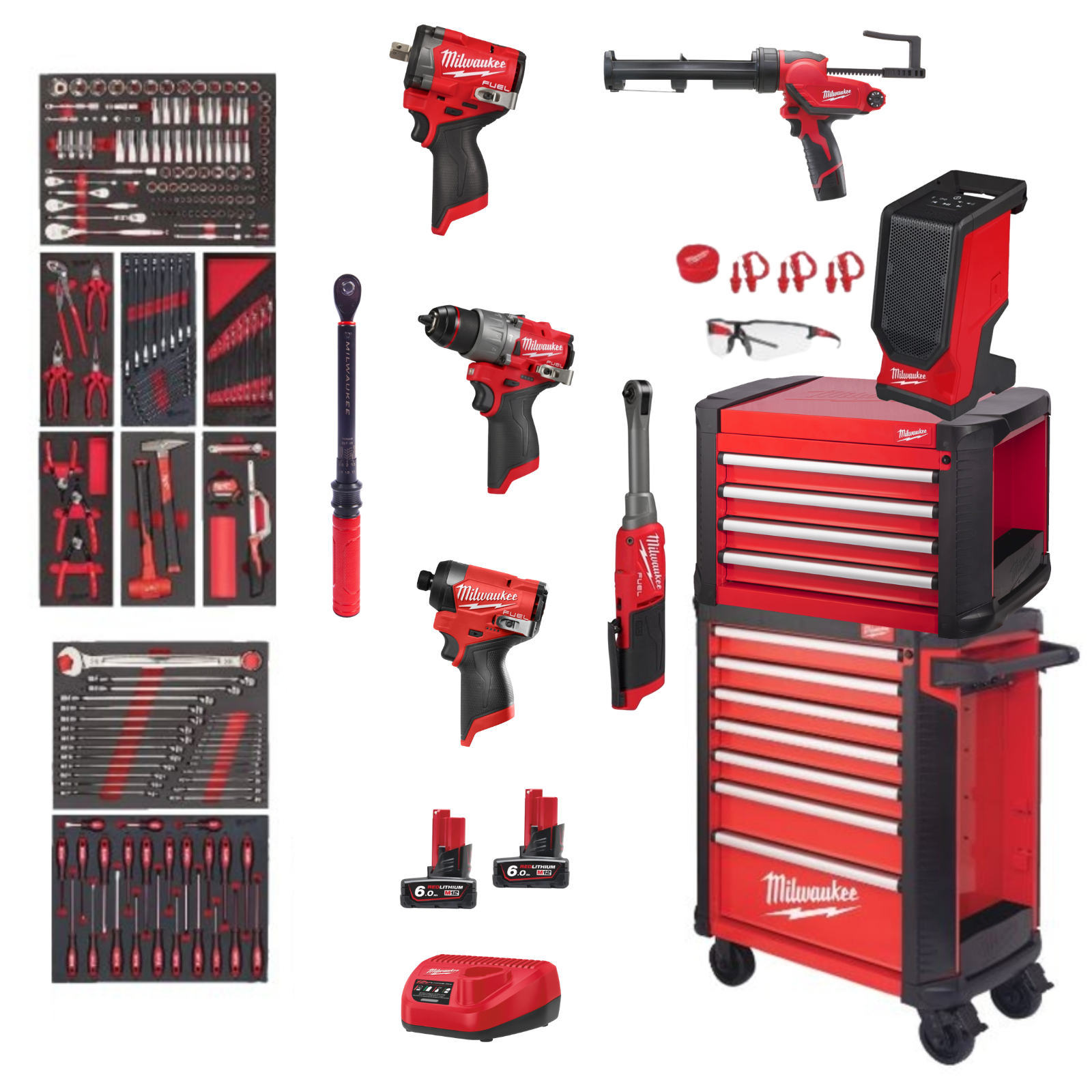 Pack Atelier Expert MILWAUKEE M12 FUEL + Servante 11 tiroirs &eacute;quip&eacute;e + Enceinte musique