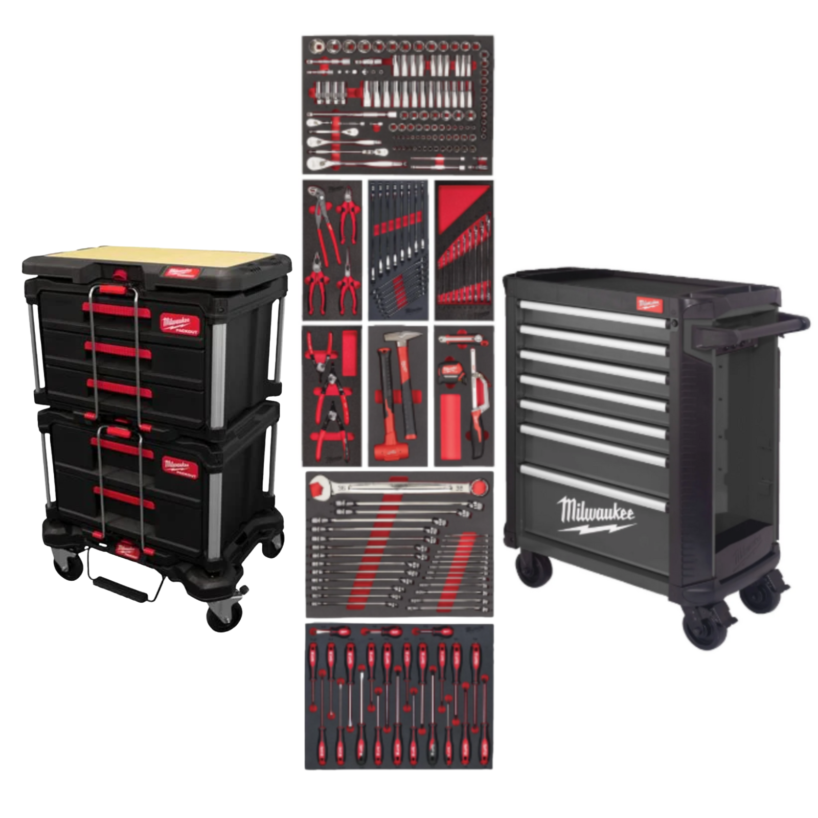 Servante MILWAUKEE TOOLGUARD 7 tiroirs &eacute;quip&eacute;e + servante PACKOUT