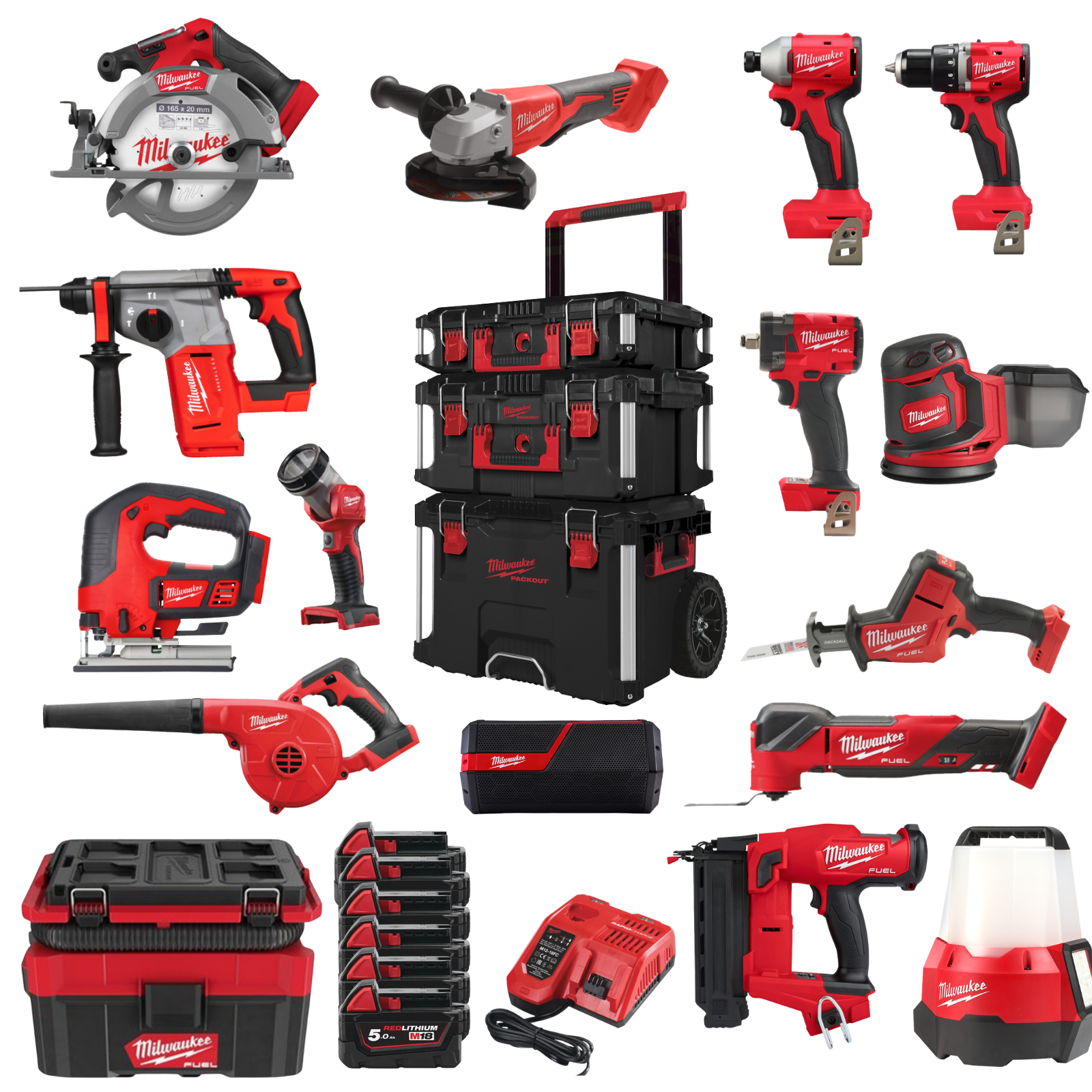 PACKOUT 15 MACHINES CHANTIER MILWAUKEE FUEL AVEC 8 BATTERIES ET CONSOMMABLES