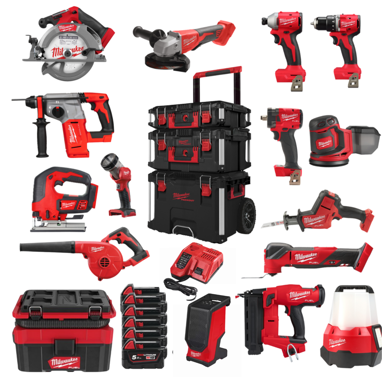 PACKOUT 15 MACHINES CHANTIER MILWAUKEE FUEL AVEC 8 BATTERIES ET CONSOMMABLES