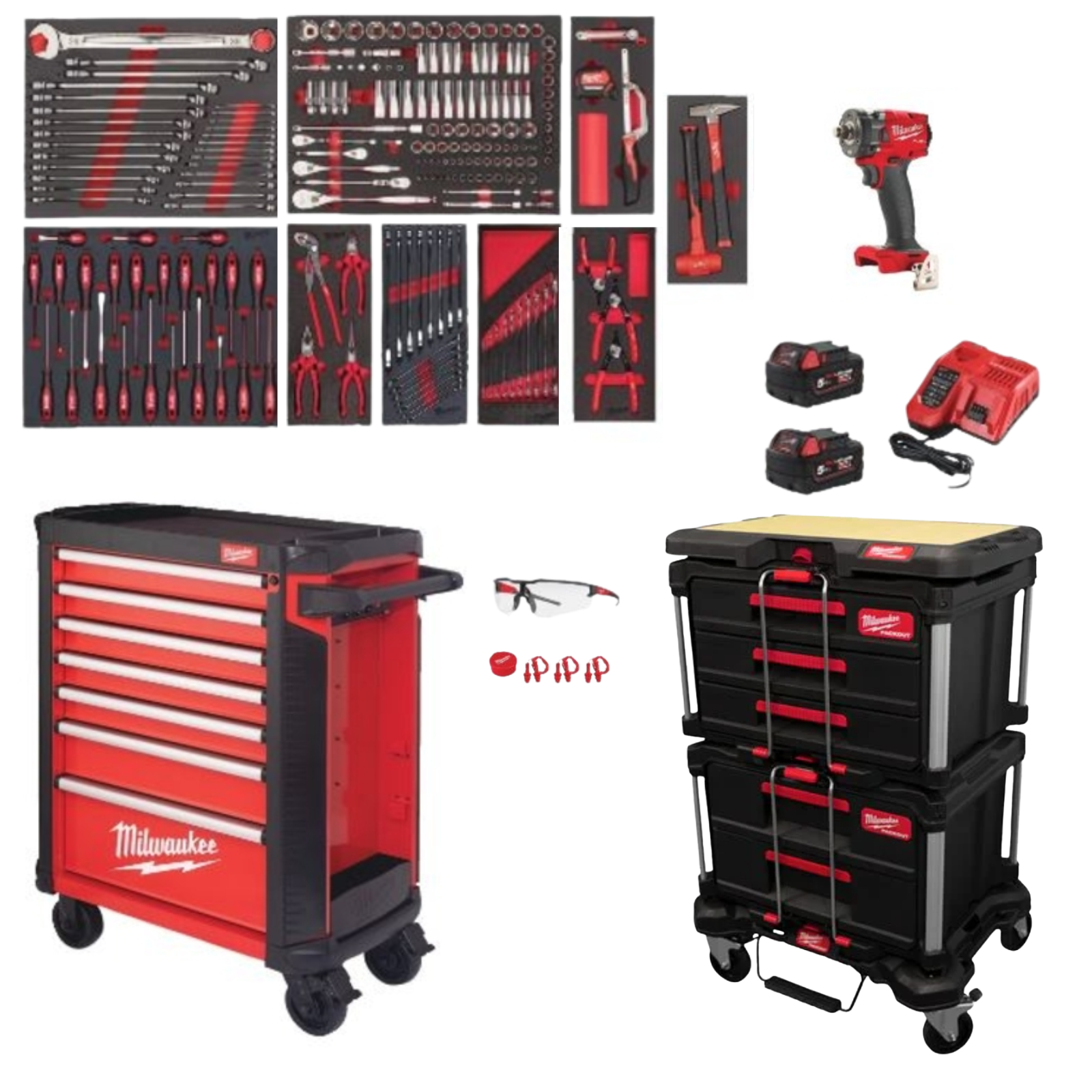 SERVANTE MILWAUKEE AVEC OUTILS 7 TIROIRS + BOULONNEUSE + PACKOUT