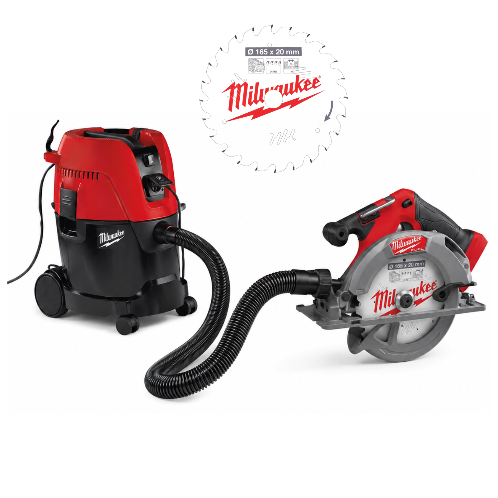 Scie circulaire MILWAUKEE FUEL bois Ø165 M18 FCS552-0 + Aspirateur classe L AS2-250 ELCP