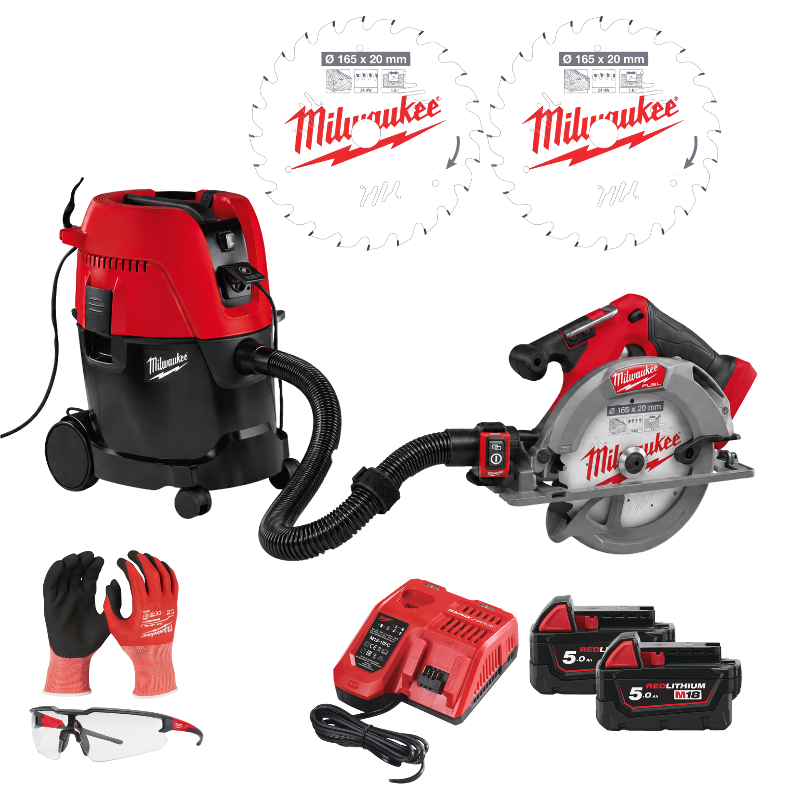 Pack Scie circulaire MILWAUKEE Ø165 FCS552-0 + Aspirateur classe L avec contrôle aspiration 