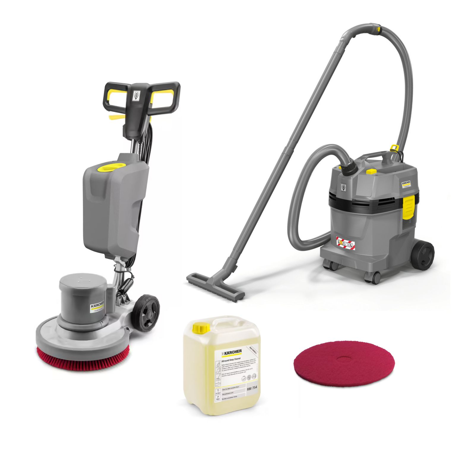 Pack complet d'entretien des sols KÄRCHER - Monobrosse BDS 43/150 C Classic, aspirateur NT 22/1 L, réservoir et pad rouge
