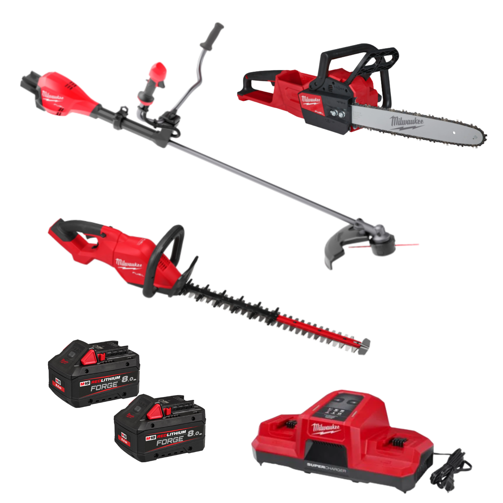 Pack MILWAUKEE JARDIN FORGE tronçonneuse + taille haies + débrousailleuse