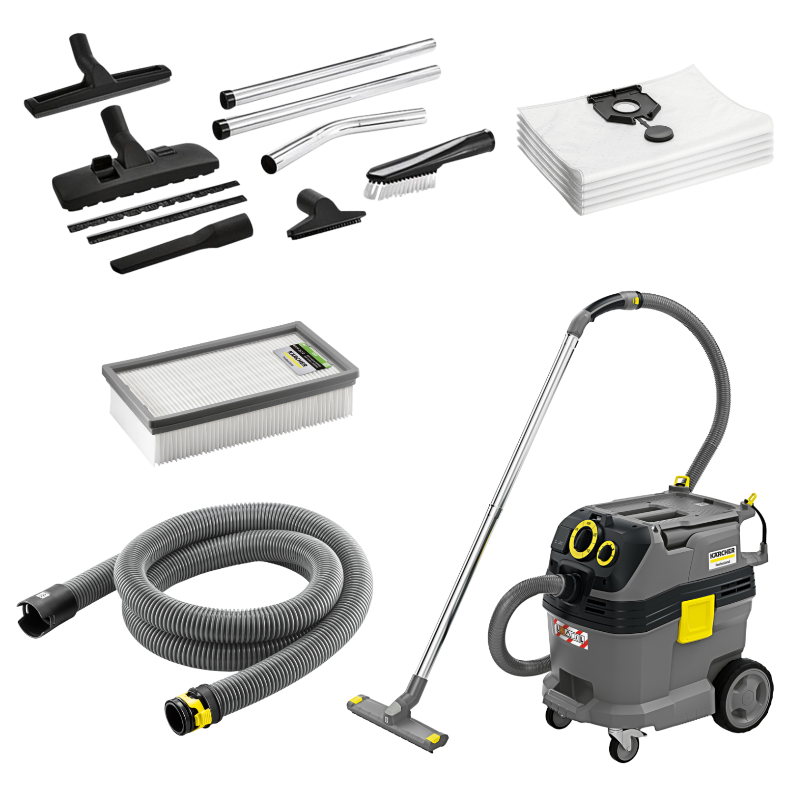Pack Aspirateur Chantier K&Auml;RCHER NT 30/1 Tact L + Kit Accessoires DN35 + Flexible + 5 Sacs