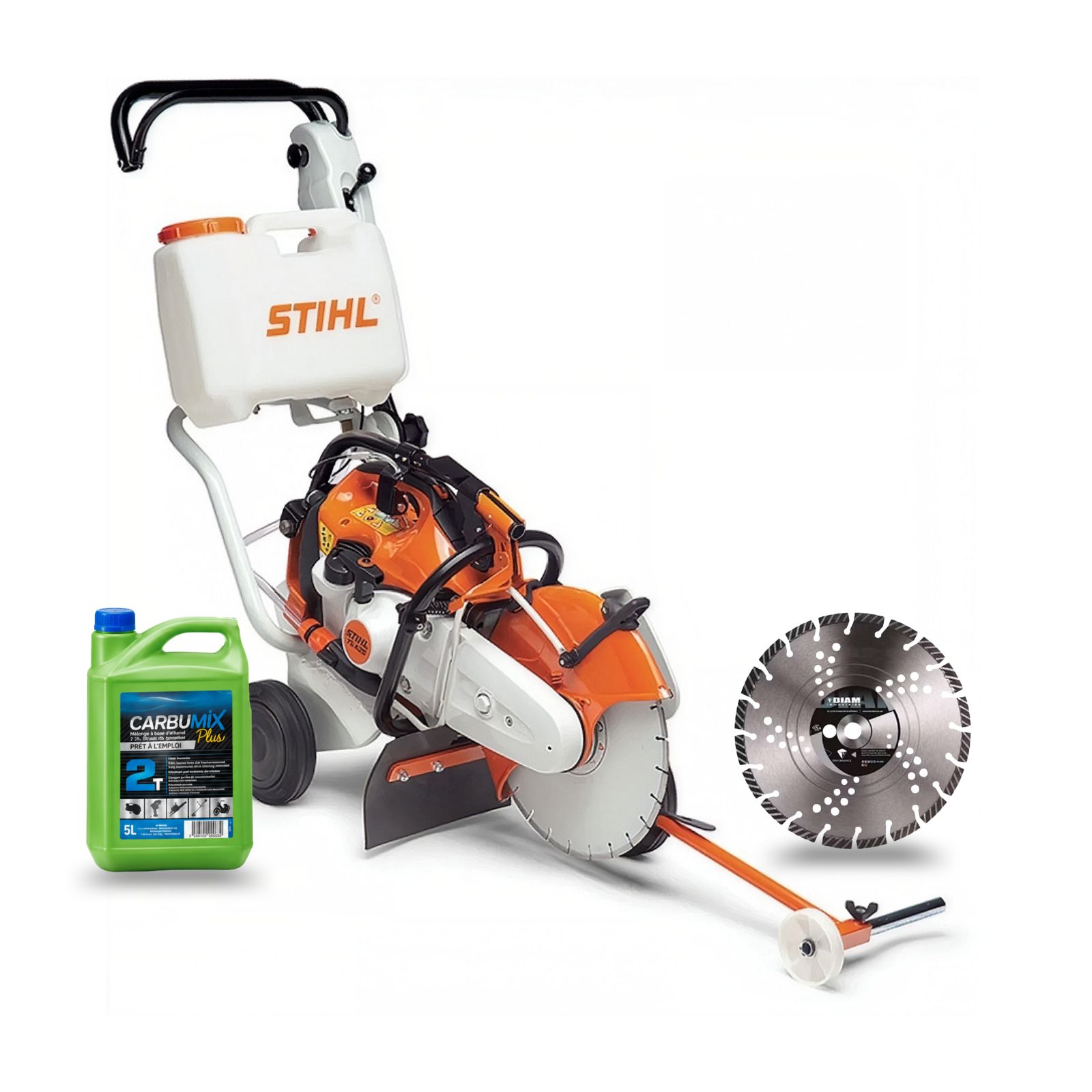 Découpeuse STIHL TS 420 Ø 350 mm avec chariot de guidage, indicateur du sens de coupe et réservoir d’eau 13 L spécial découpe au sol